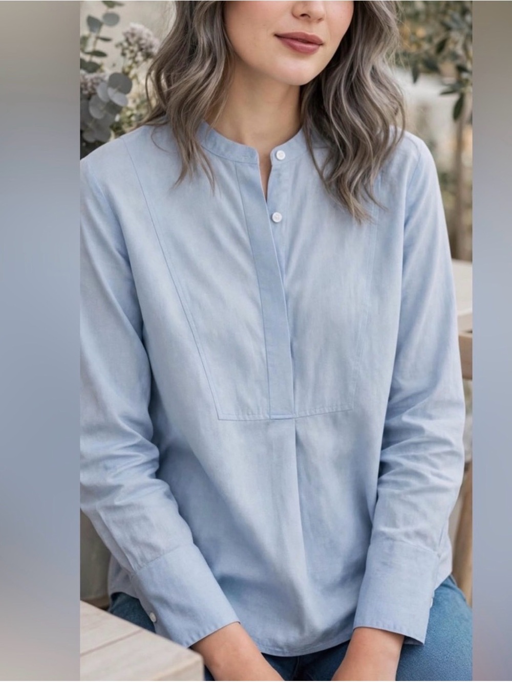 Everlane Pale Blue Band-Collar Popover Shirt